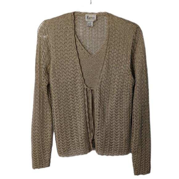 Vintage 80's Maren Gold Metallic Crochet V Neck Cardigan with Faux Two Piece - Picture 1 of 8